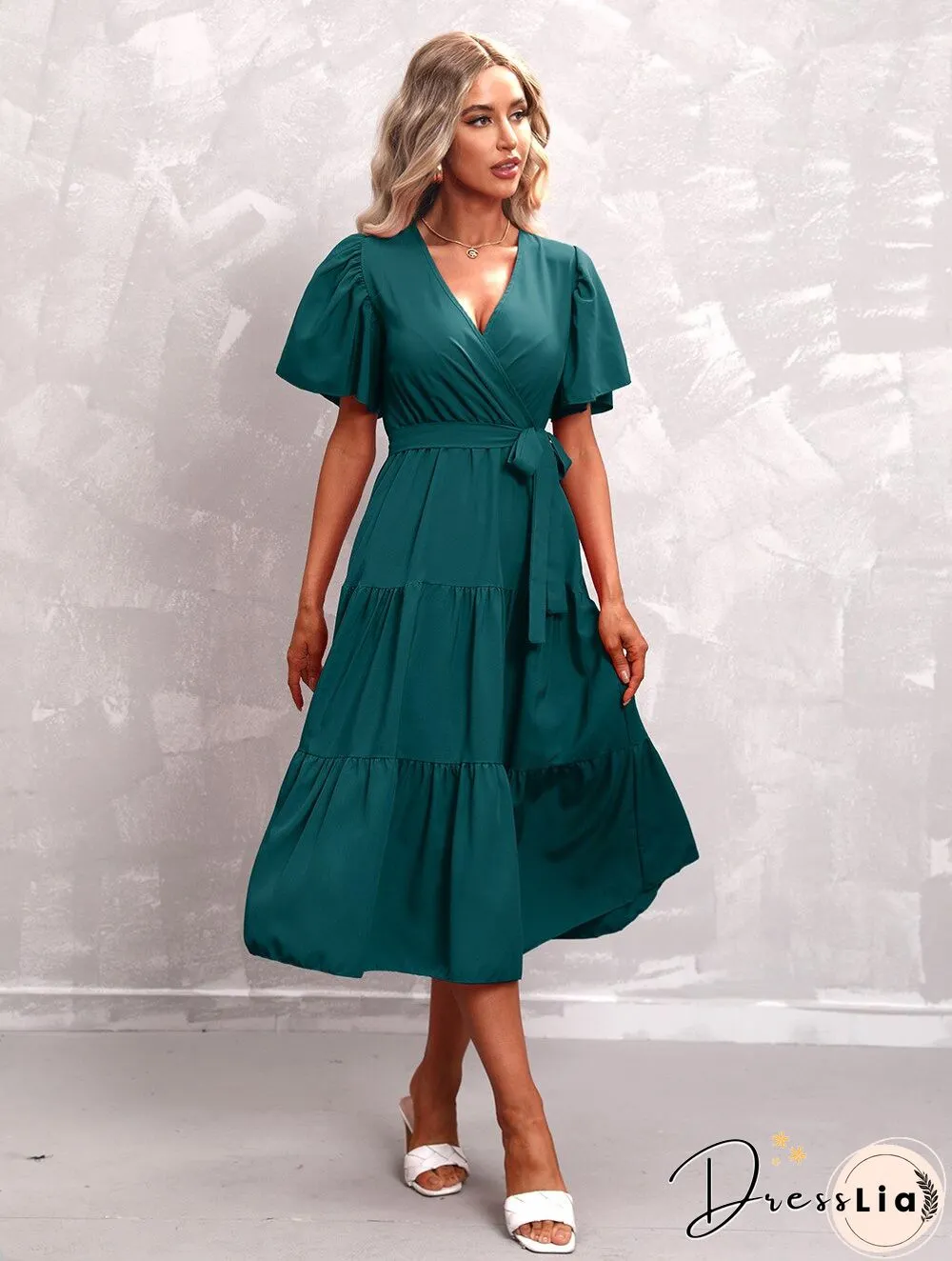 Elegant Womens Summer Dress & Casual Lace-Up Solid Color Neck High Waist Short Sleeve