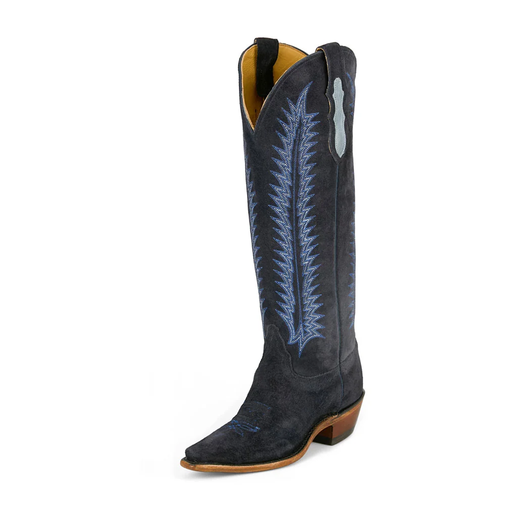 Dark Navy Vegan Suede Chunky Heel Embroidered Western Knee High Boots