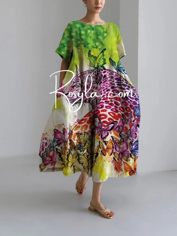 Women's Leopard With Butterfly Print Loose Round Neck Medium Length Skirt Dress