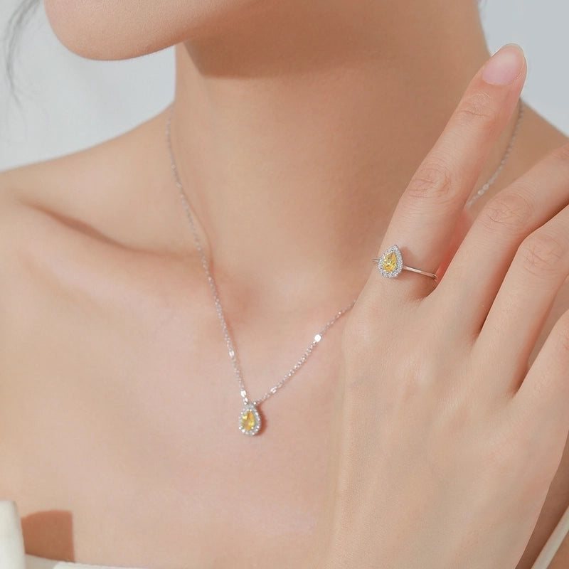 S925 Sterling Silver Water Drop Pear-Shaped Yellow Diamond Rings Ear Studs Necklace Combination Women's Mild Luxury Retro Jewelry Three-Piece Set