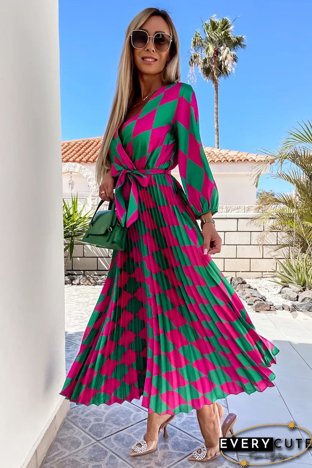 Multicolor Rhombus Contrast Color Block Belted Maxi Dress