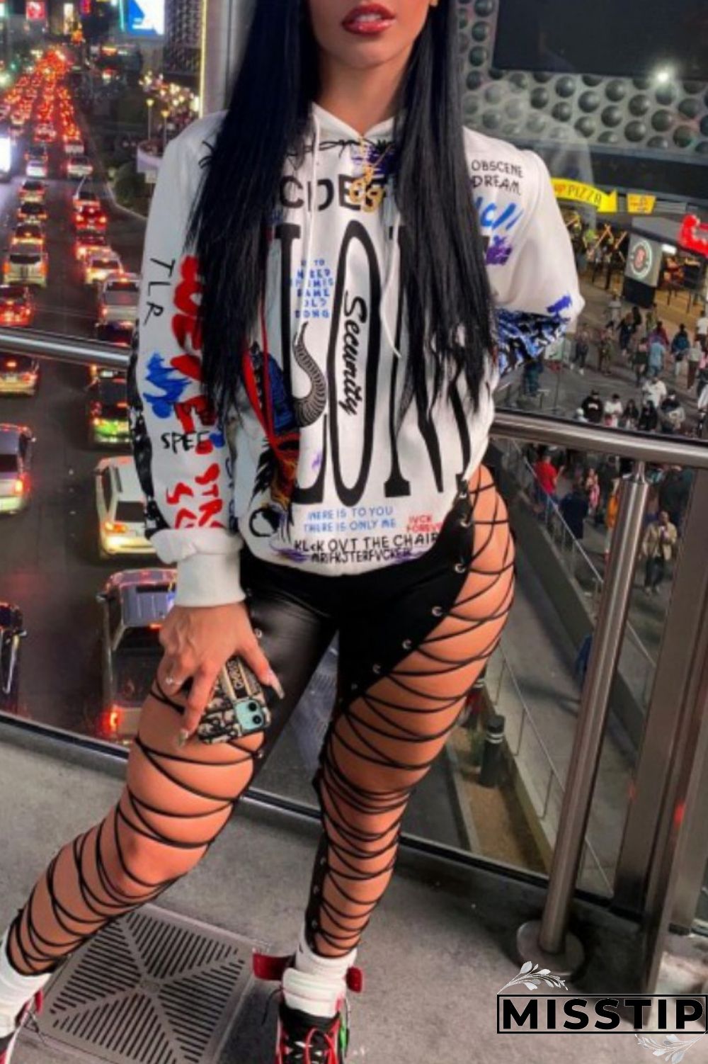 Plus Size White Casual Print Graffiti Basic Hooded Collar Tops