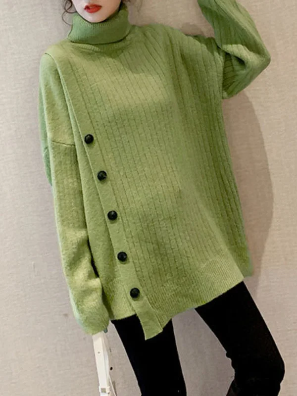 Asymmetric Buttoned High-low Long Sleeves High-neck Sweater Tops Pullovers Knitwear