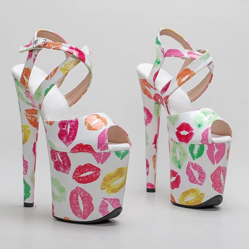 TAAFO 8Inch/20cm PU Brilliant Red Lips Print Platform Sandals Party High Heels Shoes Pole Dancing Shoes