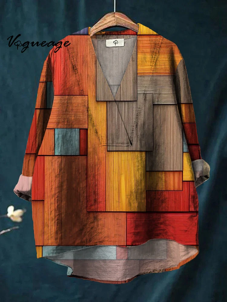 Beautiful And Gentle Soft Color Block Stitching Printed Cotton And Linen Shirt