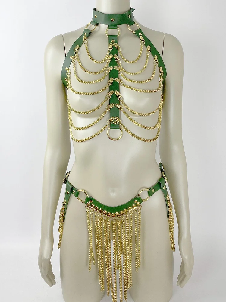 pornhint Pornhint Leather Harness With Golden Chains, Full Body Harness, Chain Harnesses Women, Harness Dance Skirt Bondage Harness BDSM Waist Harness Belt leather harness women