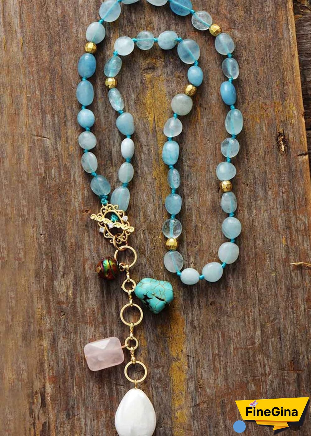 Boho Necklace, Mala Necklace,Blue Aquamarine, Rose Charm, Elegant Lariat