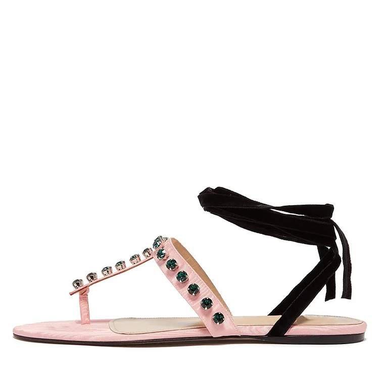 Pink and Black Rhinestone Ankle Strap Flat Sandals |FSJ Shoes