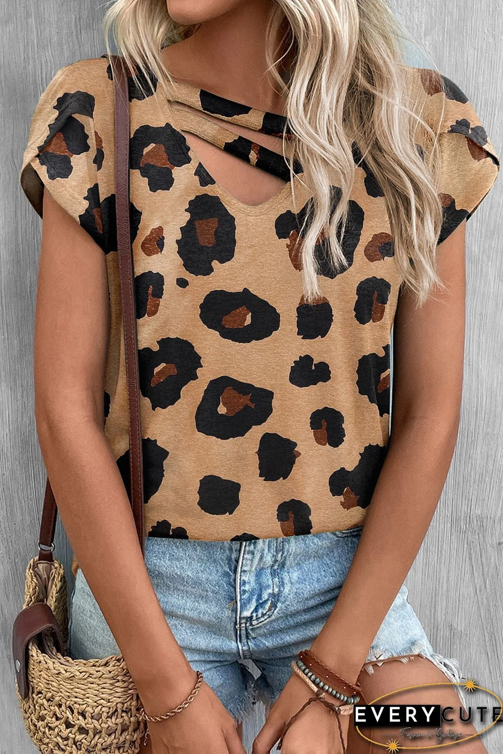 Khaki Leopard Strappy V Neck Overlap Sleeve Top