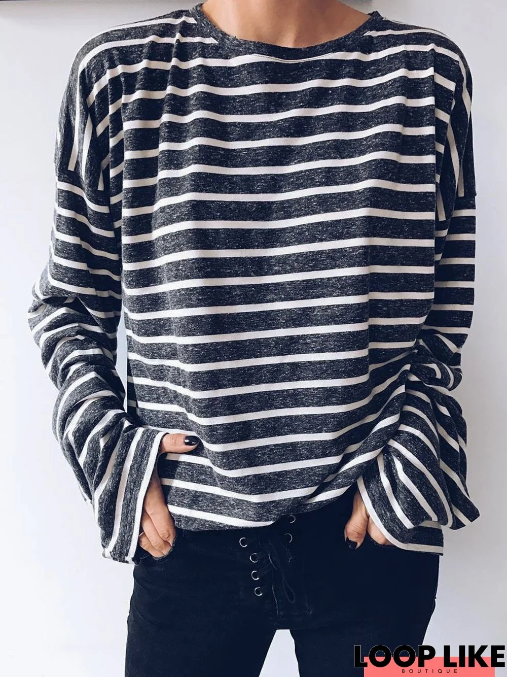 Gray Stripes Casual Shift Long Sleeve Top