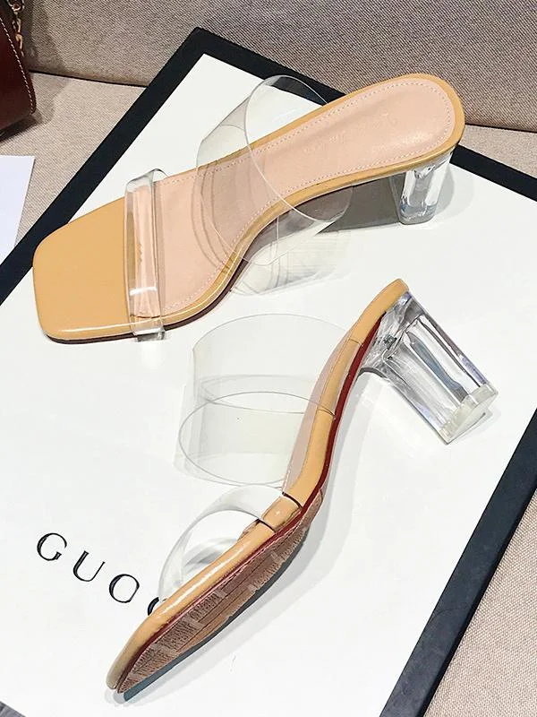 One word with thick heel crystal transparent high-heeled slippers