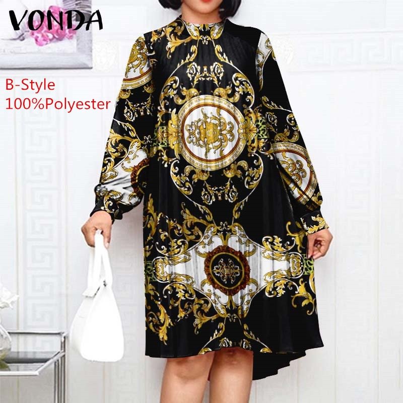 Elegant Party Dress 2022 VONDA Women Vintage Printed Long Sleeve Midi Sundress Casual Patchwork Bohemian Vestido Oversized Robe