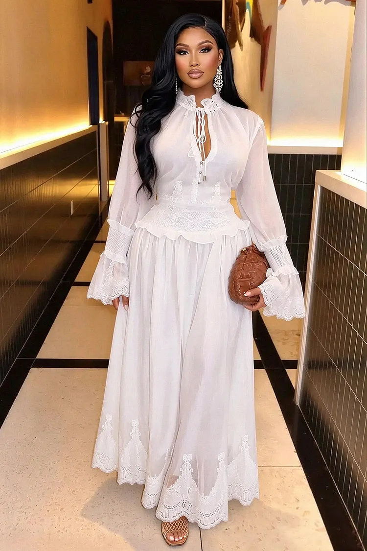 Lace Trim Tie Neck Semi-Sheer Bell Long Sleeve Maxi Dresses-White