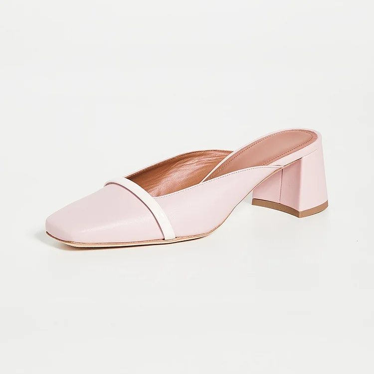 Light Pink Square Toe Block Heel Mules for Women |FSJ Shoes