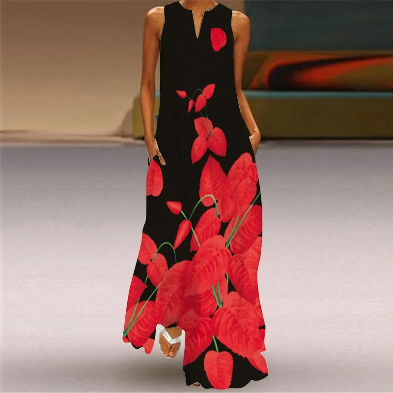 Bohemian Printed Sleeveless Maxi Dress Women Casual V-neck Robe Dresses Female Plus Size Beach Holiday Dress