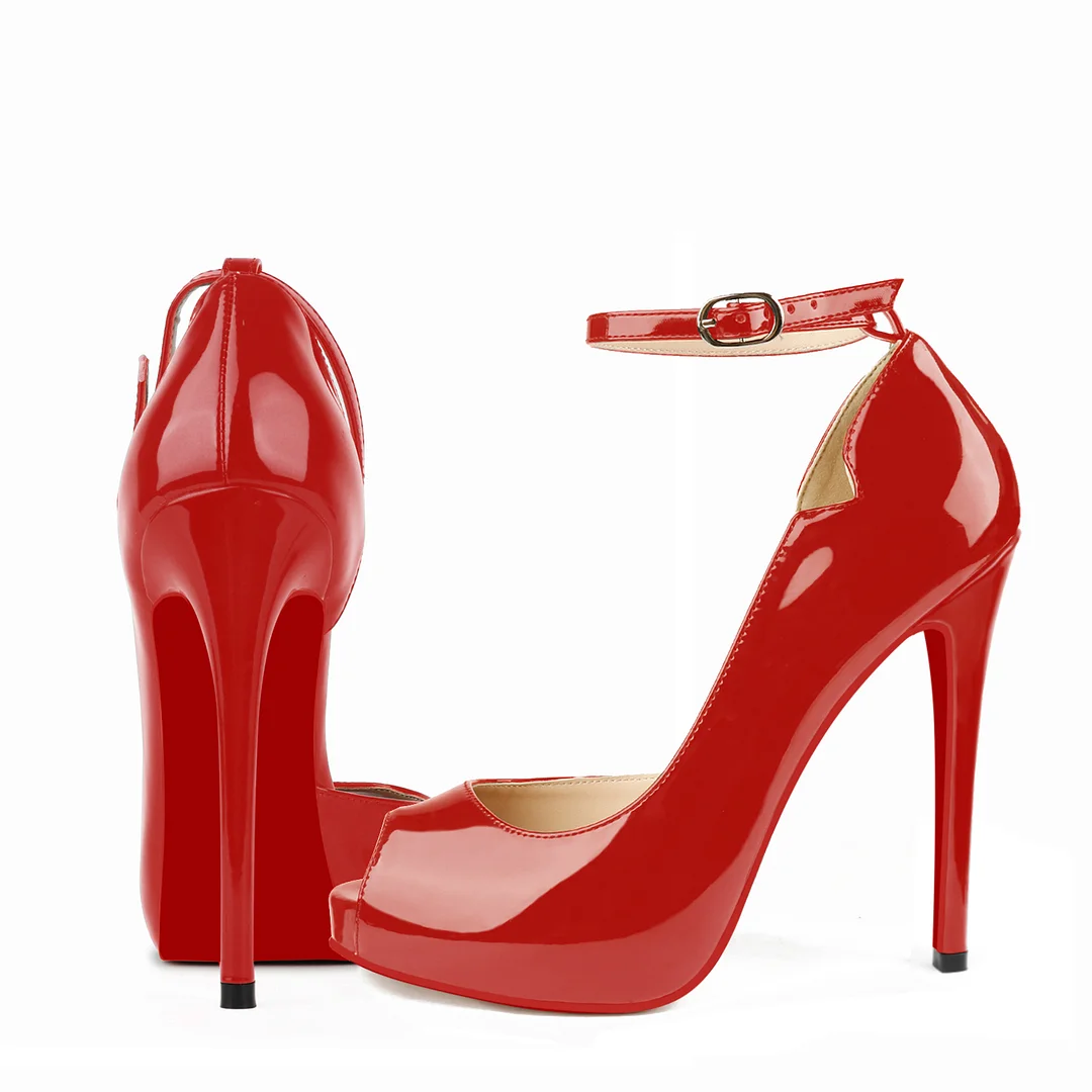 120mm Red Bottom Strap Platform Stilettos Pumps Round Chick Alta Patent Heels-MERUMOTE