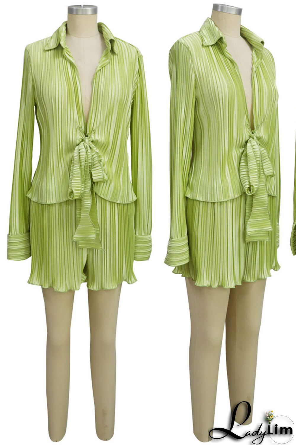 Green Casual Solid Bandage Patchwork Turndown Collar Long Sleeve Two Pieces