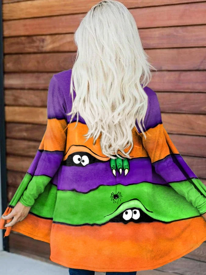Women's Casual Halloween Peek Monster Print Long Sleeve Cardigan socialshop