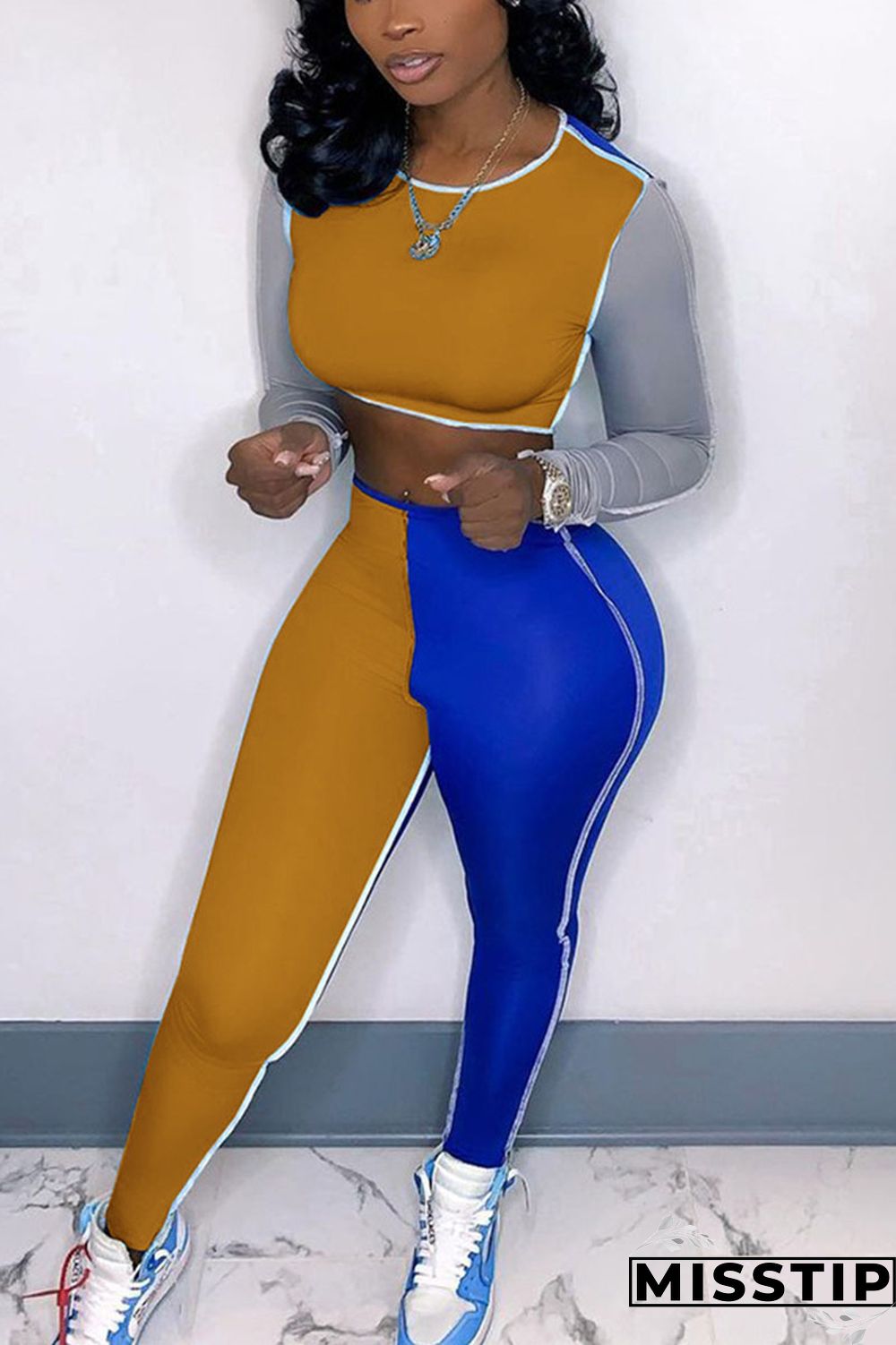 Orange Casual Solid Patchwork O Neck Long Sleeve Two Pieces