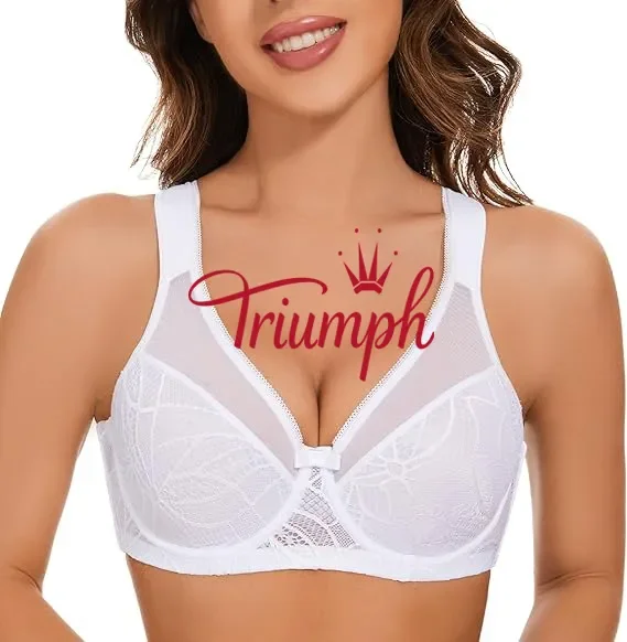 Triumph - Set de 3 🔥Sutien din dantelă pentru femei de mărime mare, cu acoperire completă, sutien cu ridicare florală