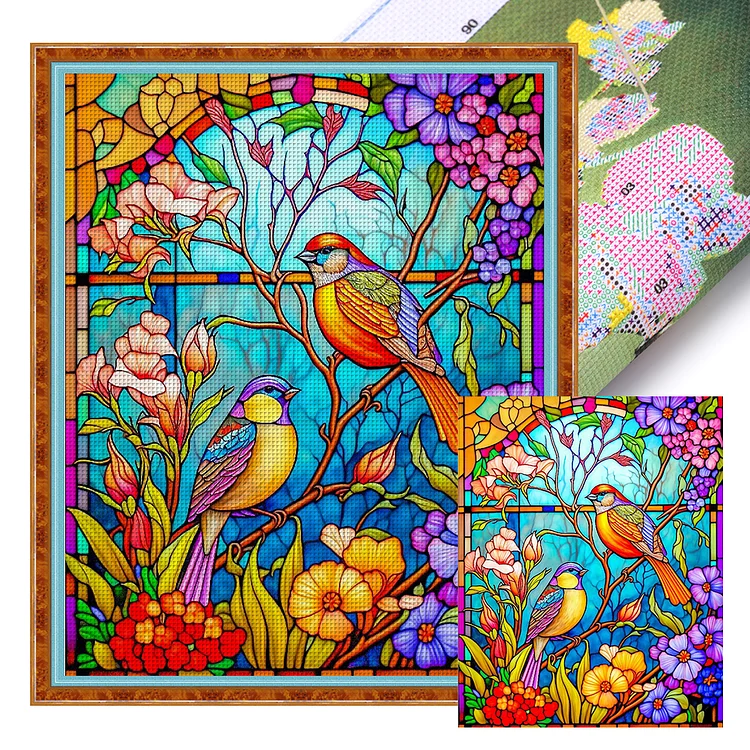 【Huacan Brand】Glass Art - Birds And Flowers 14CT Stamped Cross Stitch 40*50CM(28 Colors)