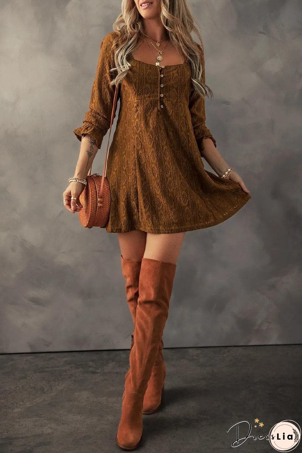 Chestnut Lace Crochet Buttoned Square Neck Shift Mini Dress