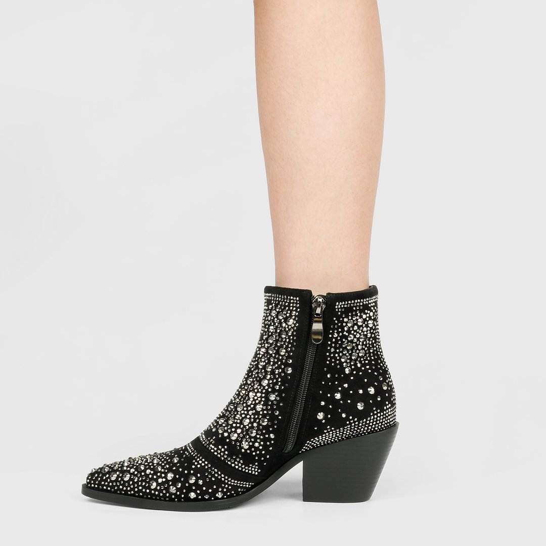 2.56" Women's Rhinestone Western Cowboy Boots Pointed Toe Block Heel Sparkly Ankle Boots-MERUMOTE