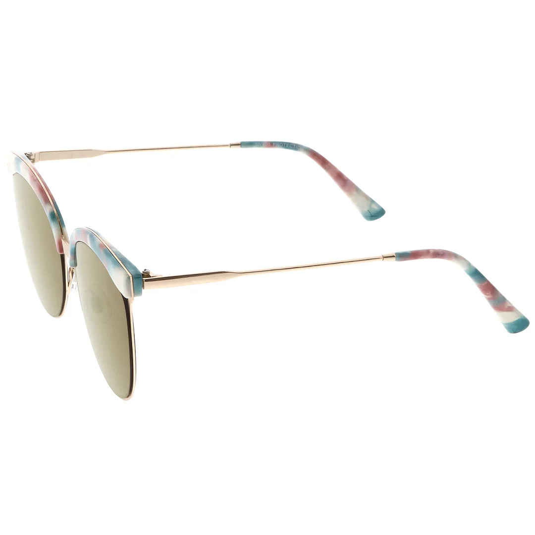 Modern Semi-Rimless Cat Eye glasses Cutout Round Mirrored Flat Lens 55mm