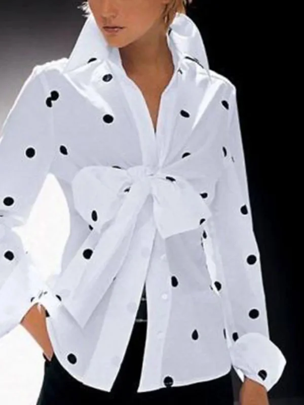 Stylish White Polka-Dot Lapel Bow-Embellished Long Sleeves Blouse Top