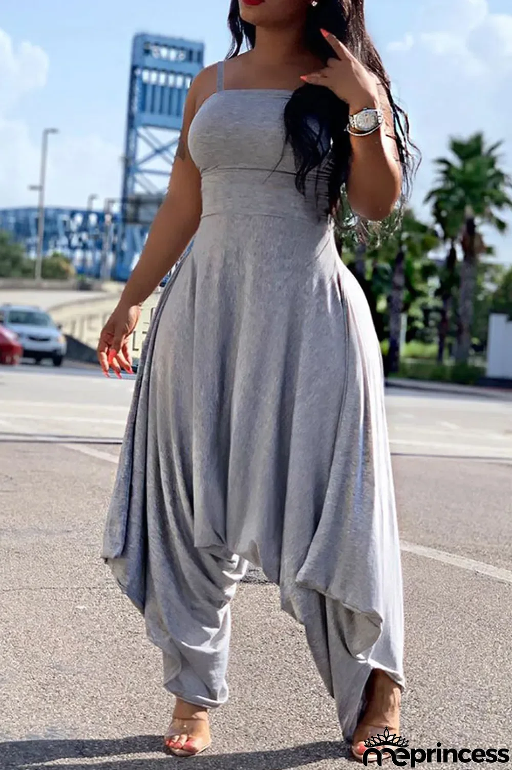 Blue Fashion Sexy Patchwork Solid Polyester Sleeveless Slip Jumpsuits