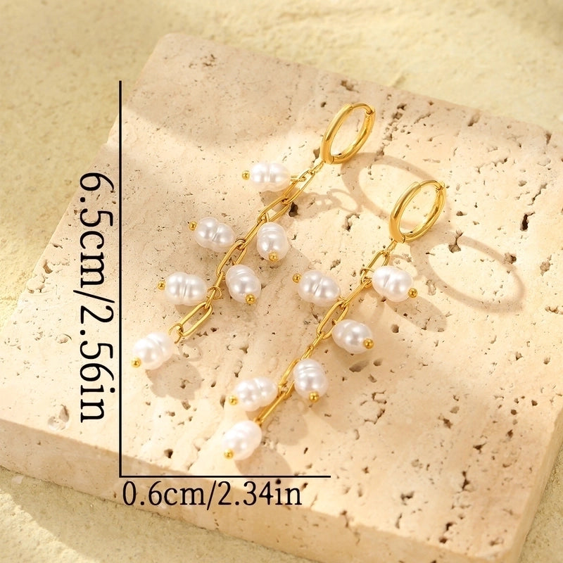 1 Pair Temperament 18K Real Gold Stainless Steel Imitation Pearl Tassel Long Earrings Earrings Women’s Daily Holiday Earrings