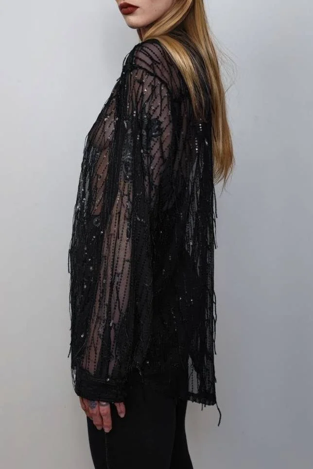 Sequin Fringe See-Through Turndown Collar Long Sleeve Champagne Gold Shirt