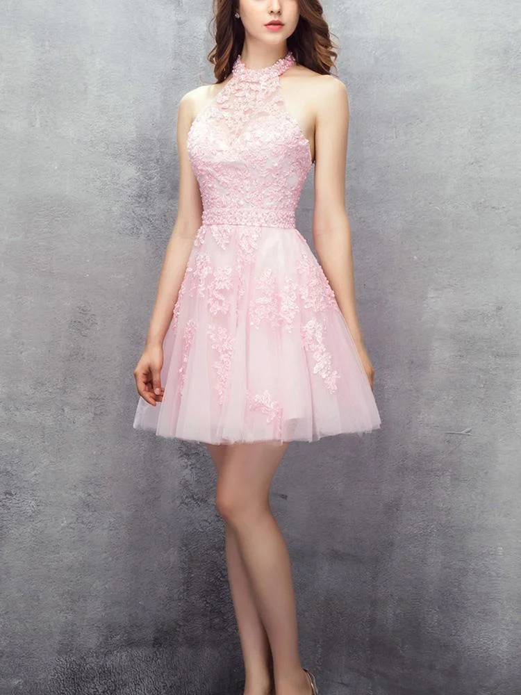 Neosepa-Lace Halter Neck Backless Layered Tulle Mini Cocktail Dress