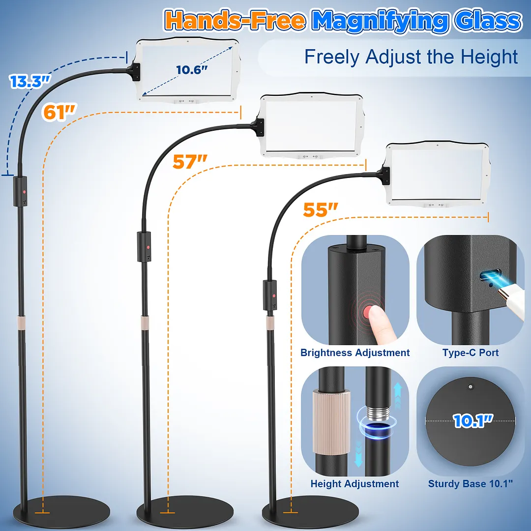 BEBANG Extra Large Floor Magnifying Glass with Light and Stand, Rechargeable Floor Magnifying, Flexible Gooseneck Hands Free Magnifying Desk Lamp