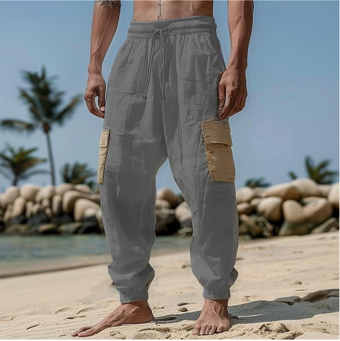 Men's trendy casual solid color pocket trousers