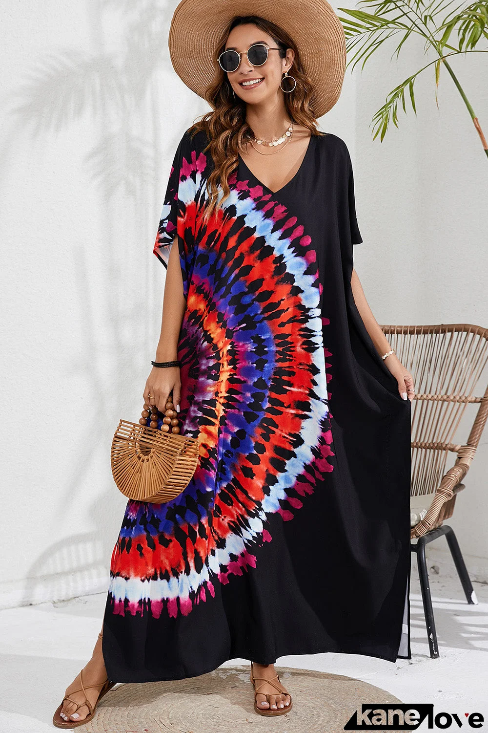 Slit Printed V-Neck Short Sleeve Cover Up
