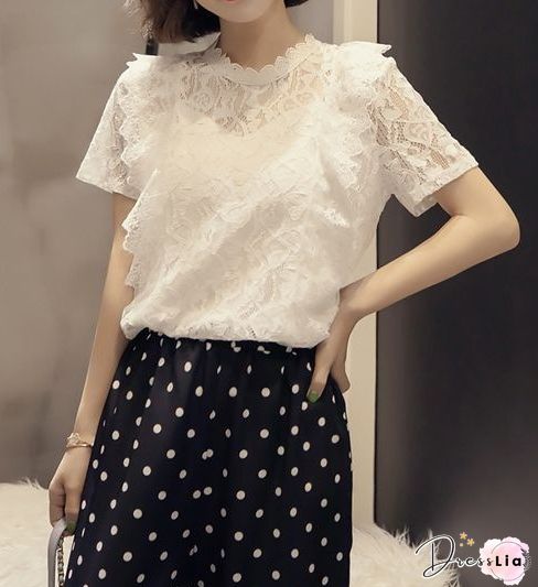 Spring Summer Lace Women Round Neck Decorative Lace Lace Short Sleeve Blouses
