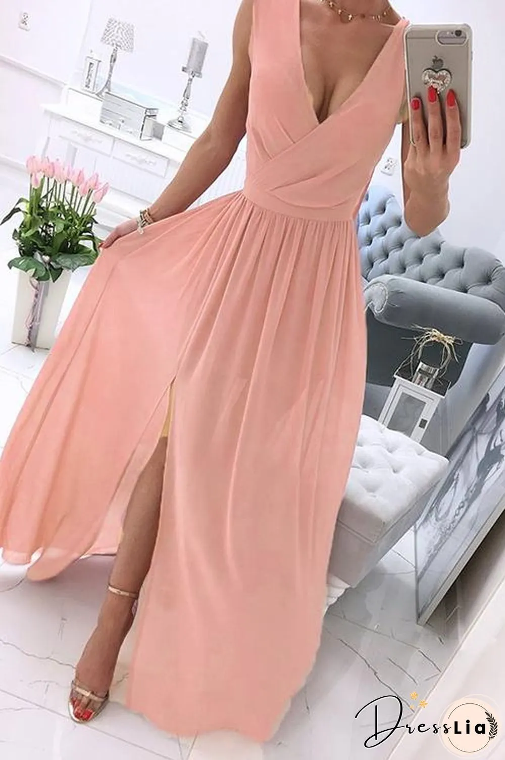 Deep V Neck Slit Maxi Dress