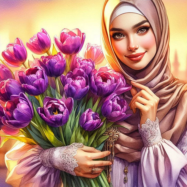 Full Round Diamond Painting - Woman In Headscarf Holding Flowers 30*30CM