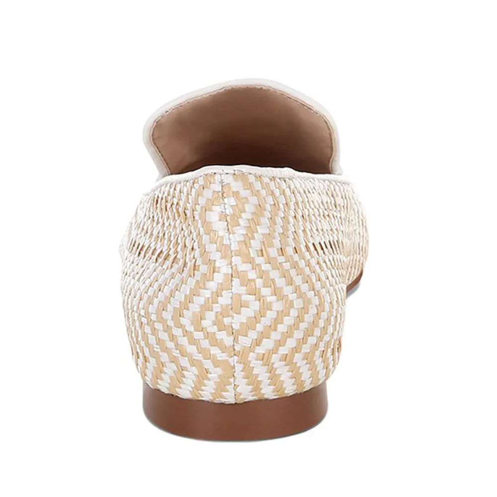 Beige and White Raffia Stripe Round Toe Tassel Loafer Flat Shoes Women