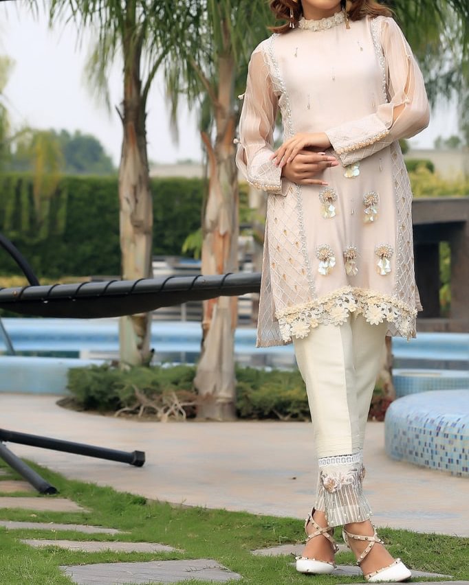 Beige Cotton Net Top Embroidered Pants Set