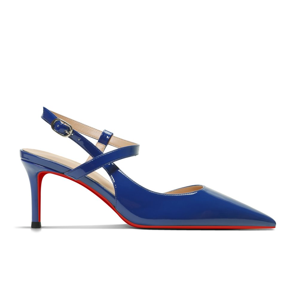 65mm Women Slingback Red Bottom Pumps Ankle Strap Jenlove Stiletto Mid Heel Close Pointed Toe Dress Red Soles Sandals Shoes-MERUMOTE