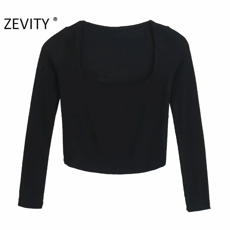 Zevity New Women Simply Square Collar Long Sleeve Chic Camis Tank Ladies Knitted Vest Slim T-shirt Casual Crop Tops LS7272