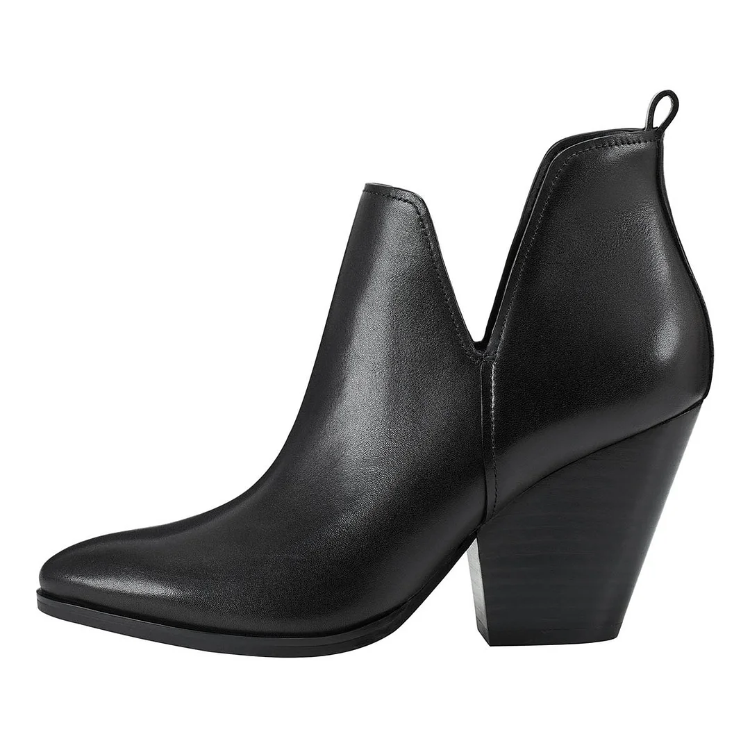 YDN Black Pointed Toe V Cut-Out Chunky Heel Booties for Women