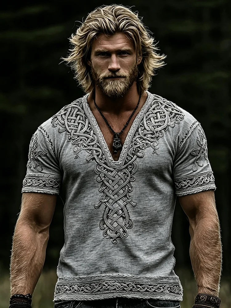Men's Vintage Viking Celtic Knot Art Linen V-neck T-shirt