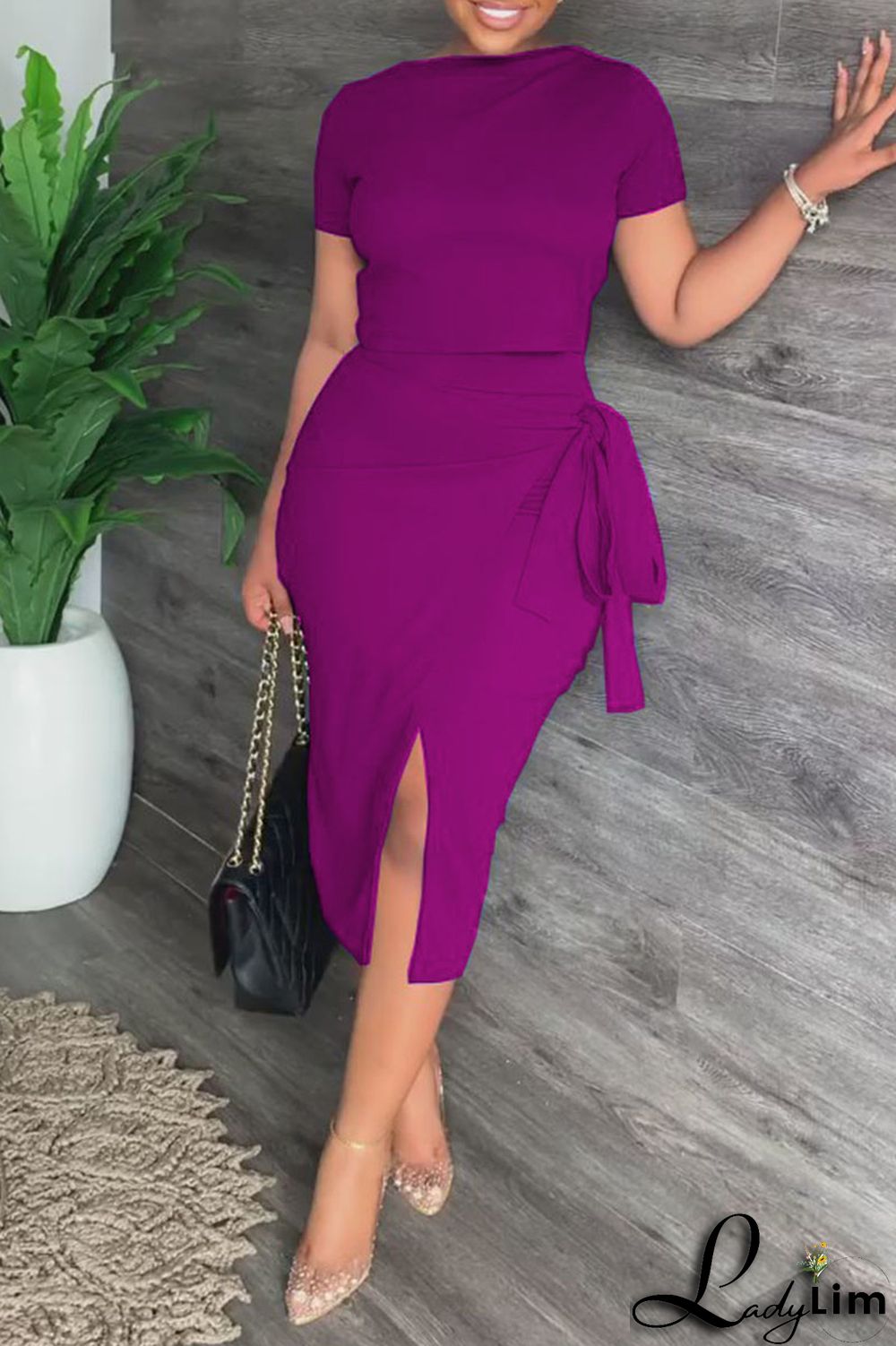 Black Celebrities Solid Bandage Patchwork Slit O Neck Short Sleeve Two Pieces