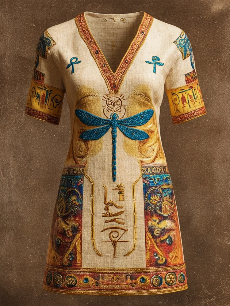 Egyptian Dragonfly Vintage Ankh Element Women's V-neck Mini Dress