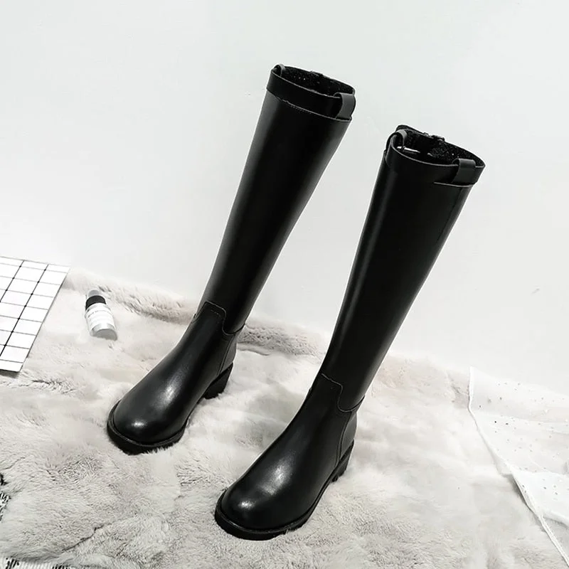 Autumn and Winter Plus Velvet Knee-length Long Tube Women's Fashion Boots Women's Microfiber Round-toe Zipper Warm Winter Boots