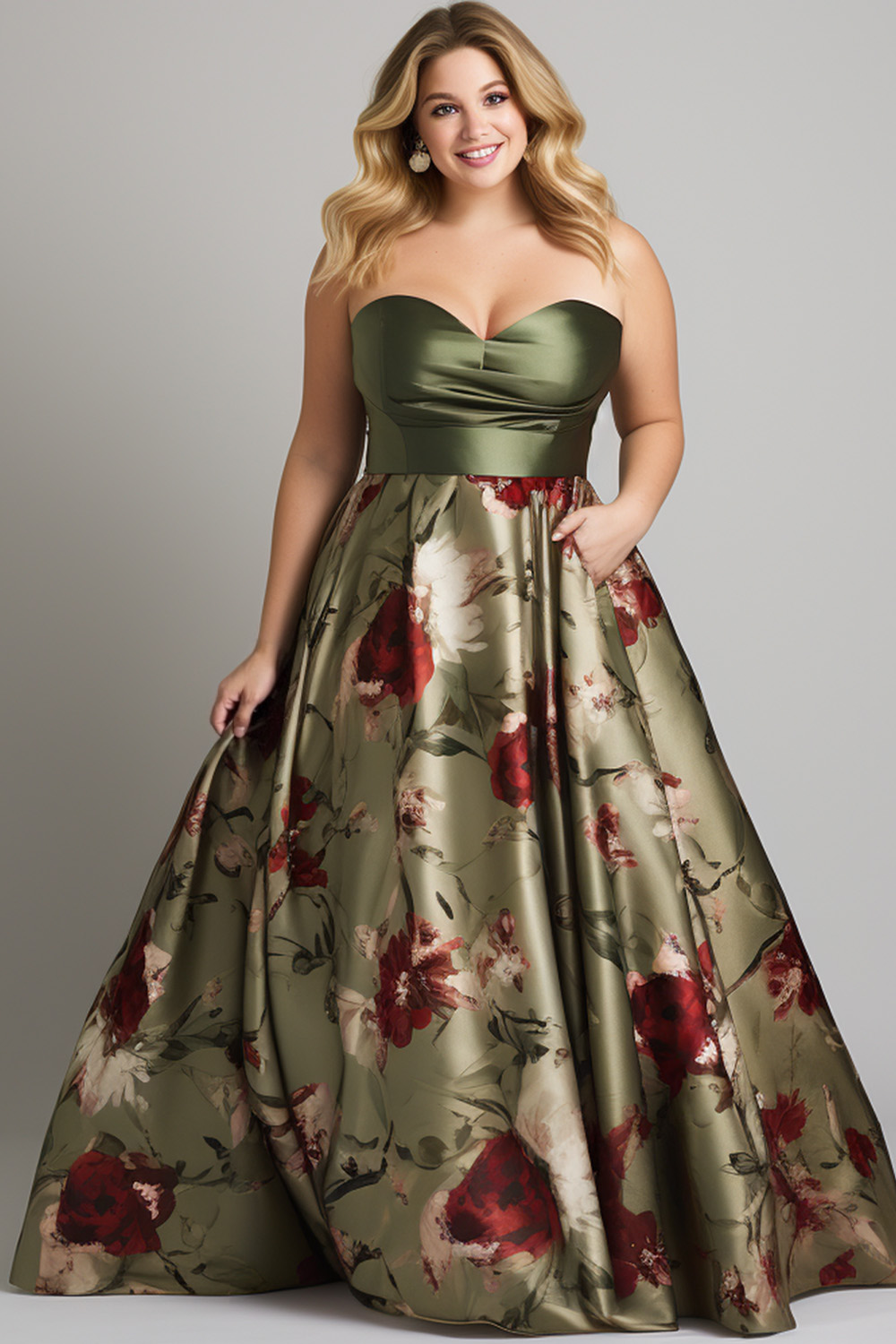 Flycurvy Plus Size Wedding Guest Olive Green Satin Strapless Floral Print Pocket Maxi Dress 2024 - Flycurvy 