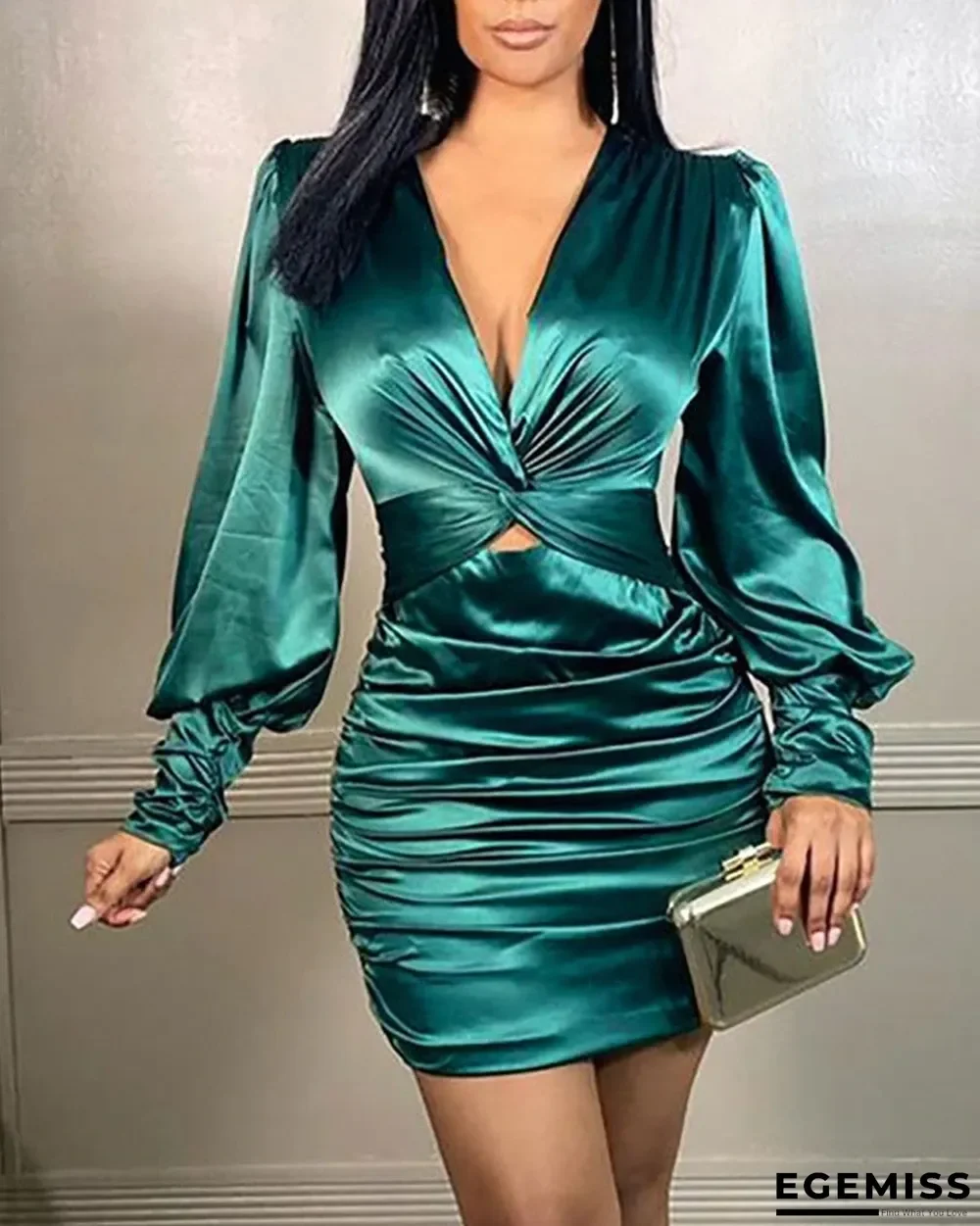 Lantern Sleeve Twisted Satin Ruched Work Dress | EGEMISS